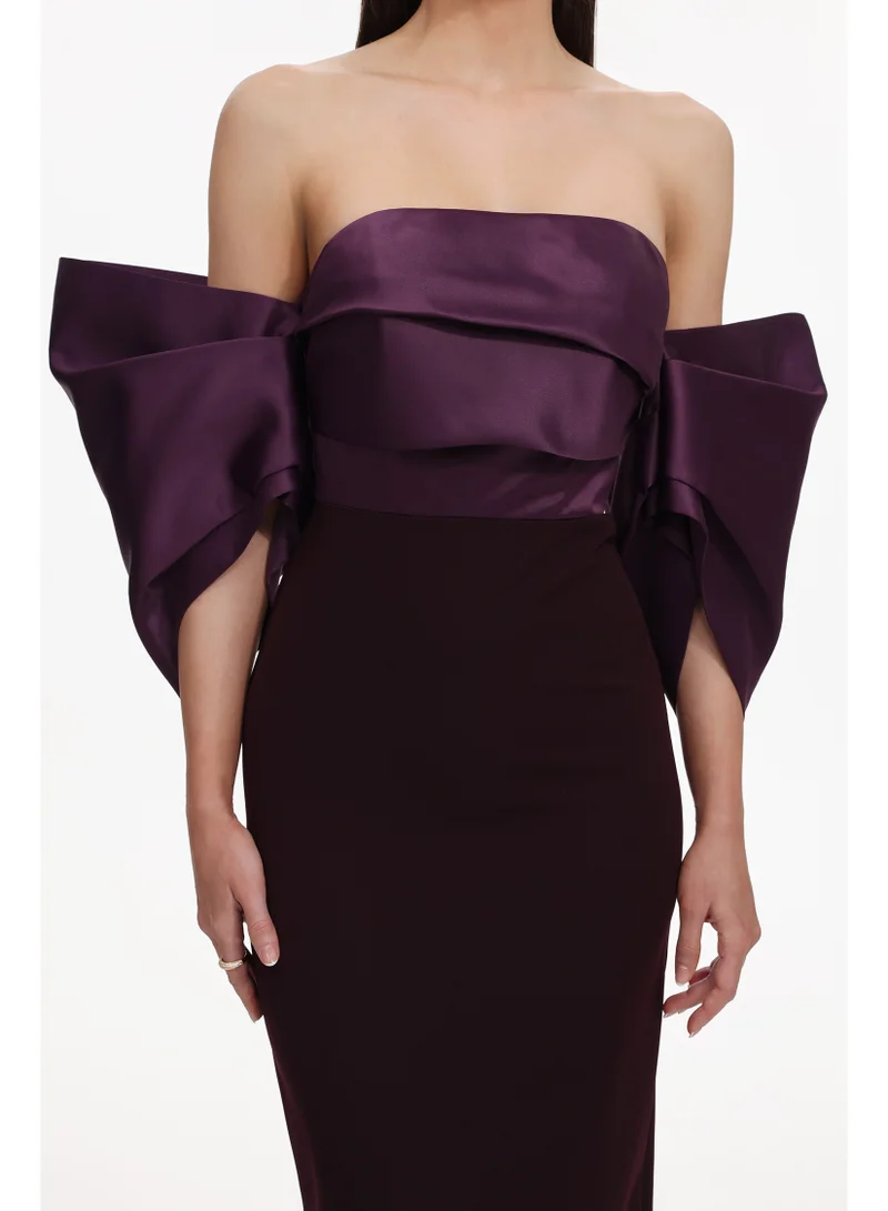 Bella Barnett  Sareka Elegant Tailored Off Shoulder Pleated Satin Maxi Dress for Women | Best Price UAE